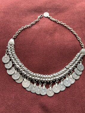 Chanour Antiqued Silver Coin Drop Bib Statement Necklace | Handmade Turkish